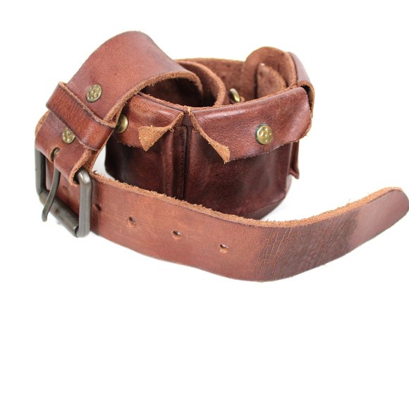 Vintage Accessories - VTG Brown Leather Belt Pockets Brass Hardware